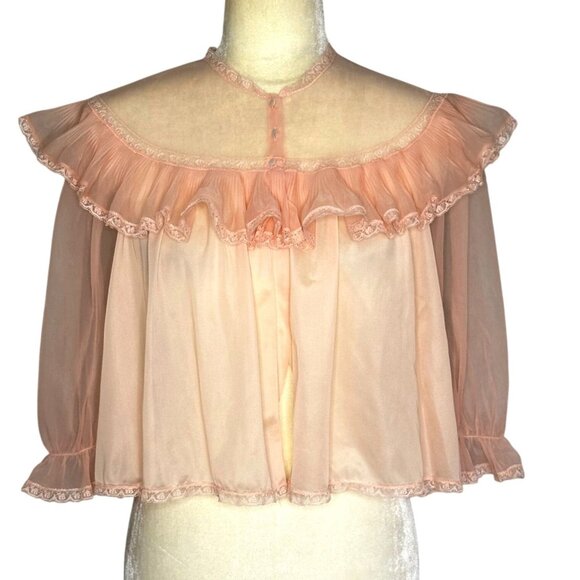Vintage 60s Blush Pink Sheer Ruffle Bed Jacket Nylon Coquette Lingerie Medium - Picture 1 of 9